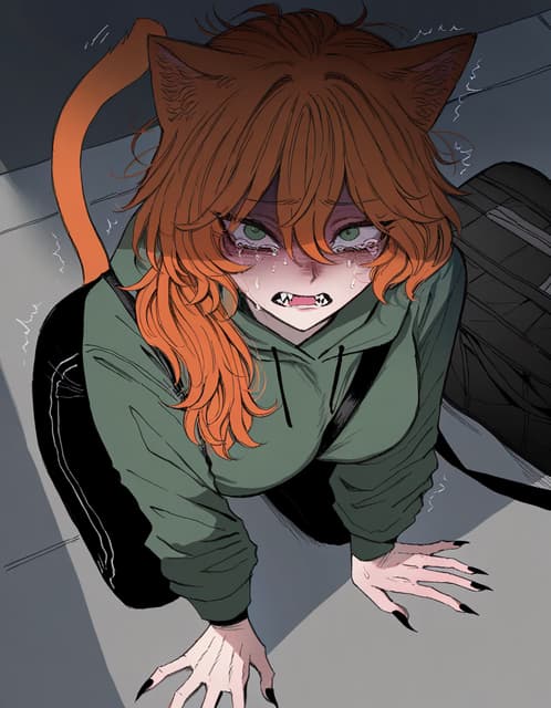 Immagine del personaggio - cat-eared girl on all fours, crying with tears and drool, fangs visible, wearing green hoodie, long