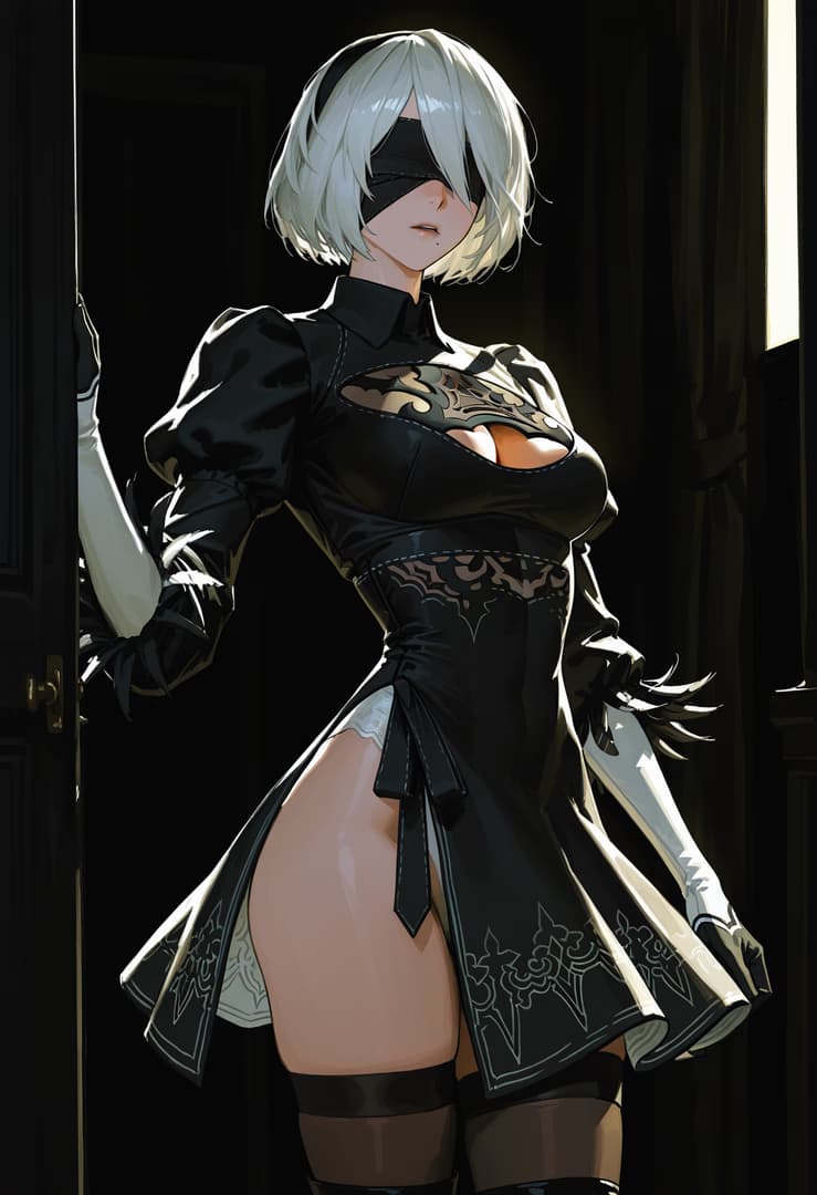 Immagine del personaggio - standing in doorway, black dress with cutouts, revealing breasts and thigh, seductive expression, co