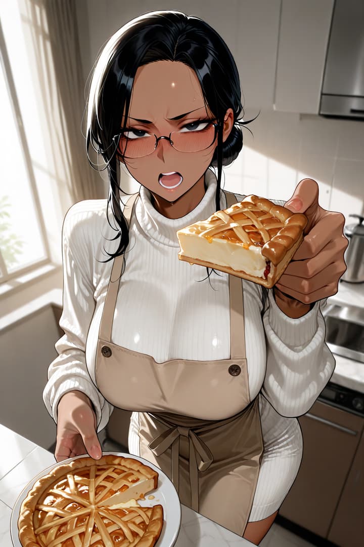 캐릭터 이미지 - angry expression, holding a slice of pie, wearing white turtleneck and beige apron, kitchen setting,