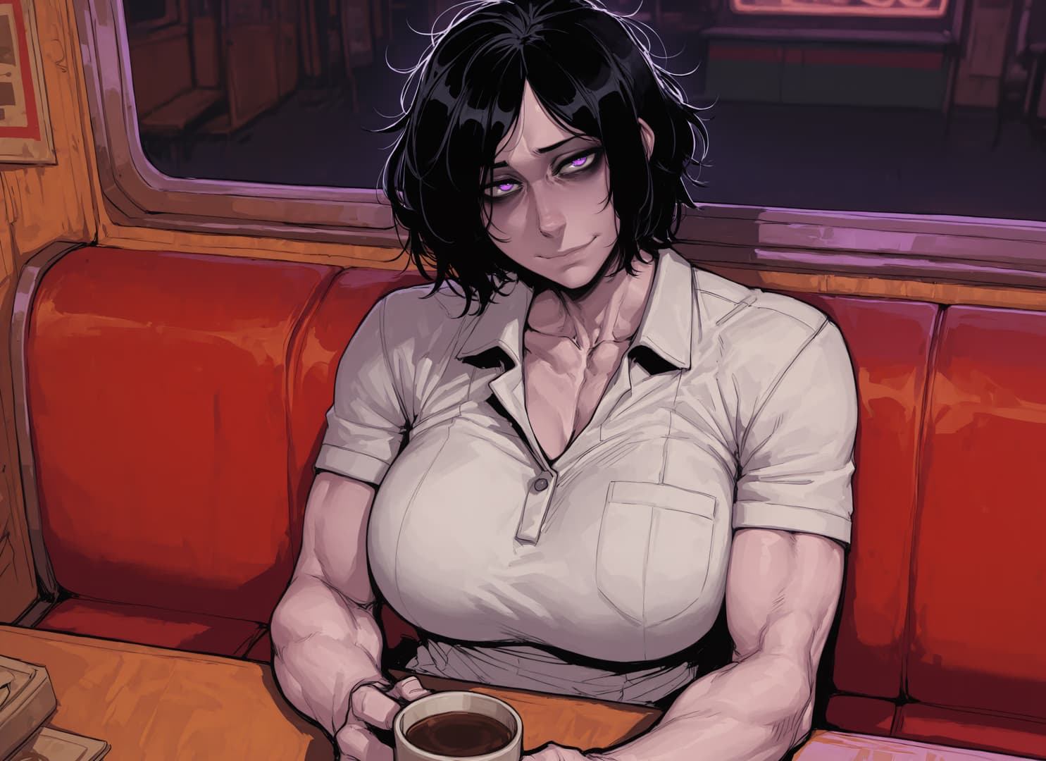 캐릭터 이미지 - sitting in a cafe booth, holding a coffee cup, wearing a tight white shirt, muscular arms and chest