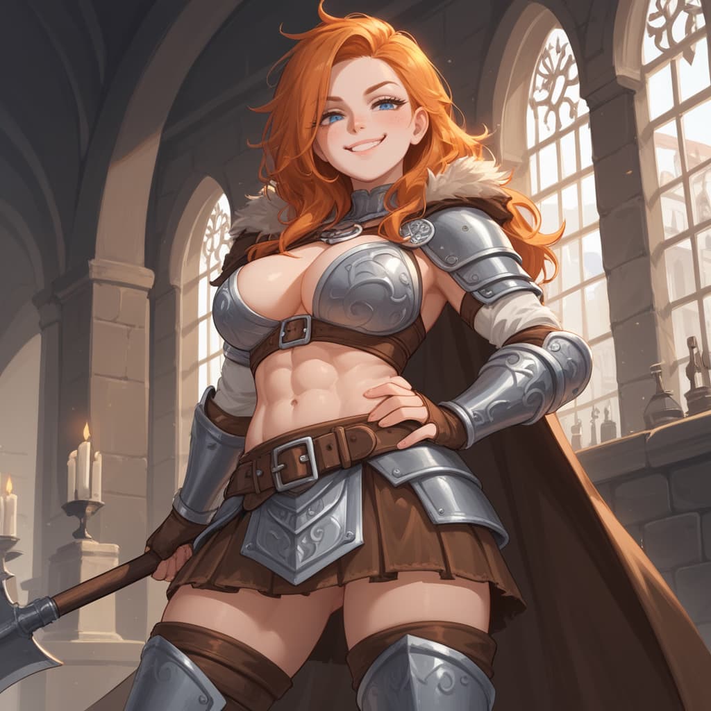 캐릭터 이미지 - Smiling confidently, standing in a stone hall with arched windows, wearing armor with fur collar and