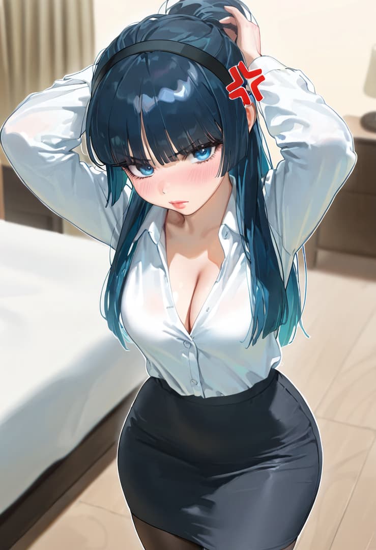 Immagine del personaggio - seductive expression in bedroom, wearing white button-up shirt and black miniskirt, hands behind hea