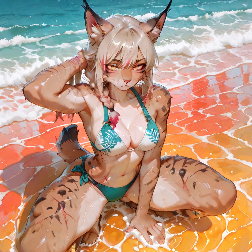 Immagine del personaggio - at beach in bikini, sitting in shallow water, muscular cat girl with spotted fur, seductive expressi