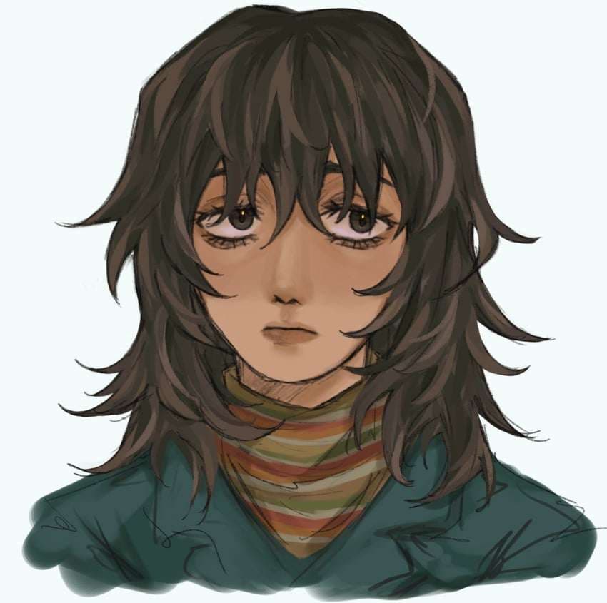 รูปภาพตัวละคร - neutral expression, looking slightly downward, wearing striped turtleneck and dark jacket, no visibl