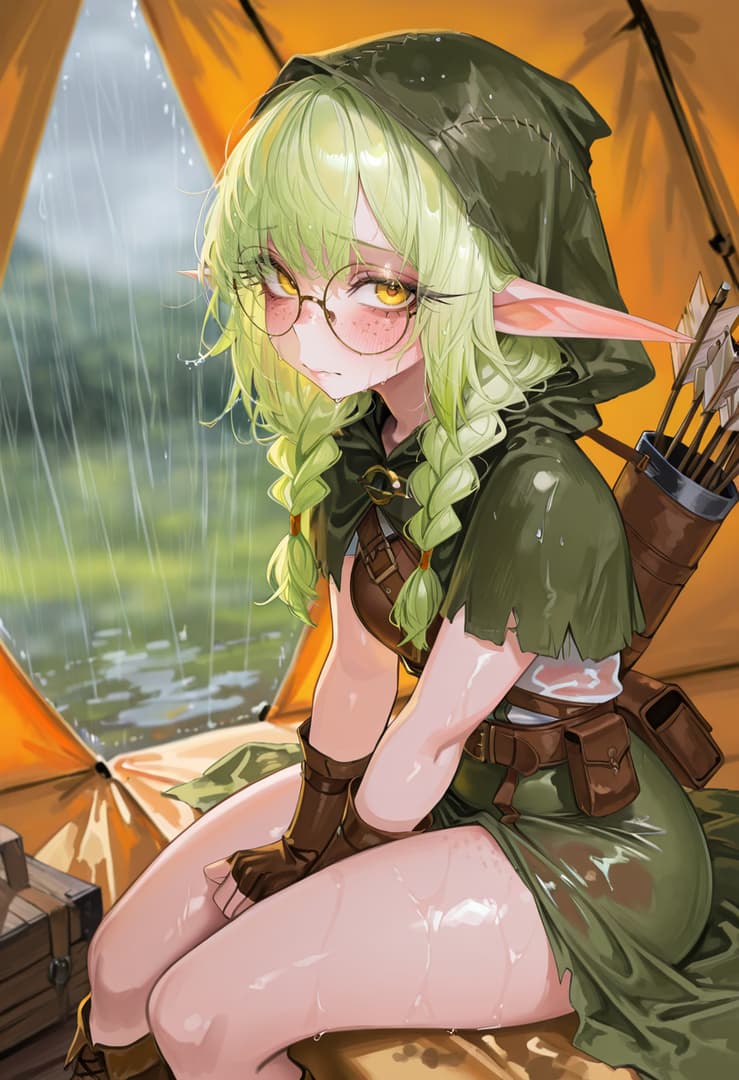 キャラクター画像 - sitting inside a tent in the rain, wet green-haired elf with glasses and pointed ears, wearing a gre