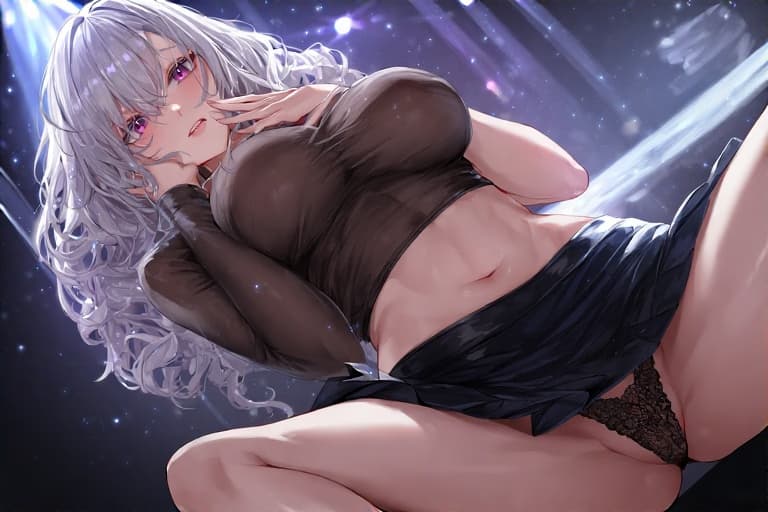 Image du personnage - nude on bed, legs spread, breasts and genitals visible, seductive expression, silver hair, dark back