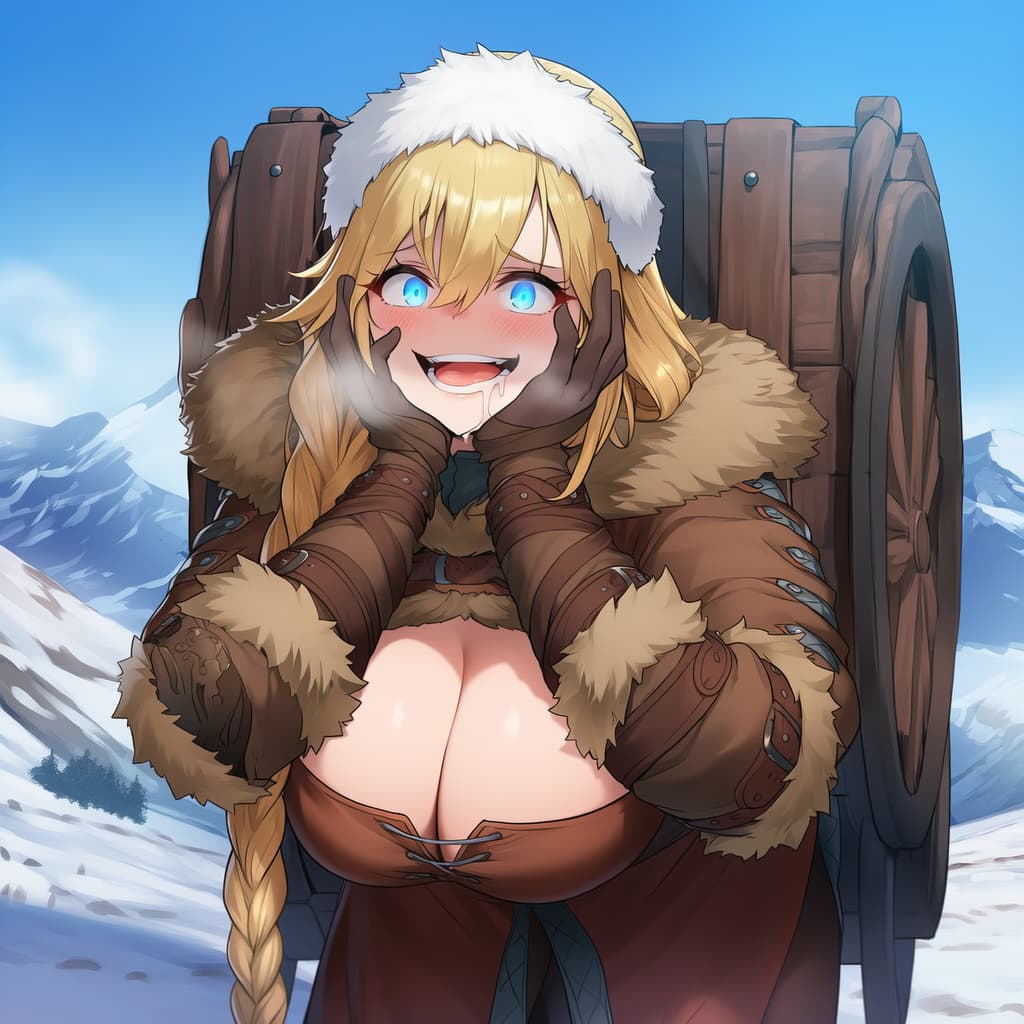 캐릭터 이미지 - Happy expression, hands on cheeks, sitting in a wooden cart in snowy mountains, wearing fur-lined wi