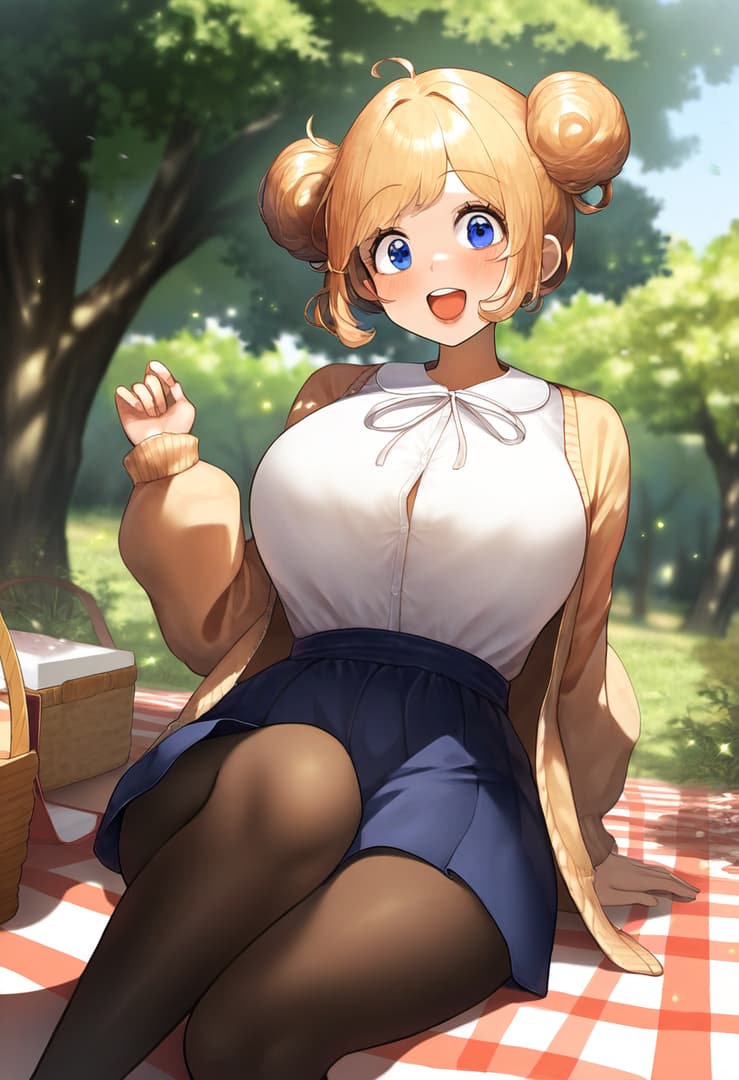 Karakter görseli - Happy expression, sitting on picnic blanket outdoors, wearing white blouse with bow, blue skirt, and