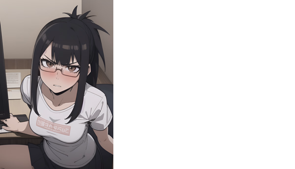 Gambar karakter - angry expression, sitting at computer, wearing glasses and white t-shirt, blush on cheeks, looking d