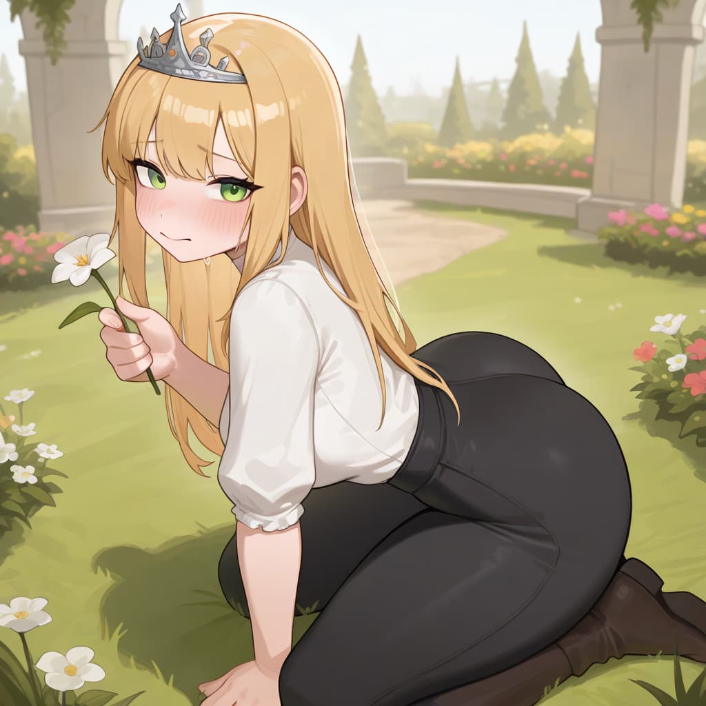 캐릭터 이미지 - kneeling in garden, holding white flower, wearing crown and white blouse with black pants, seductive