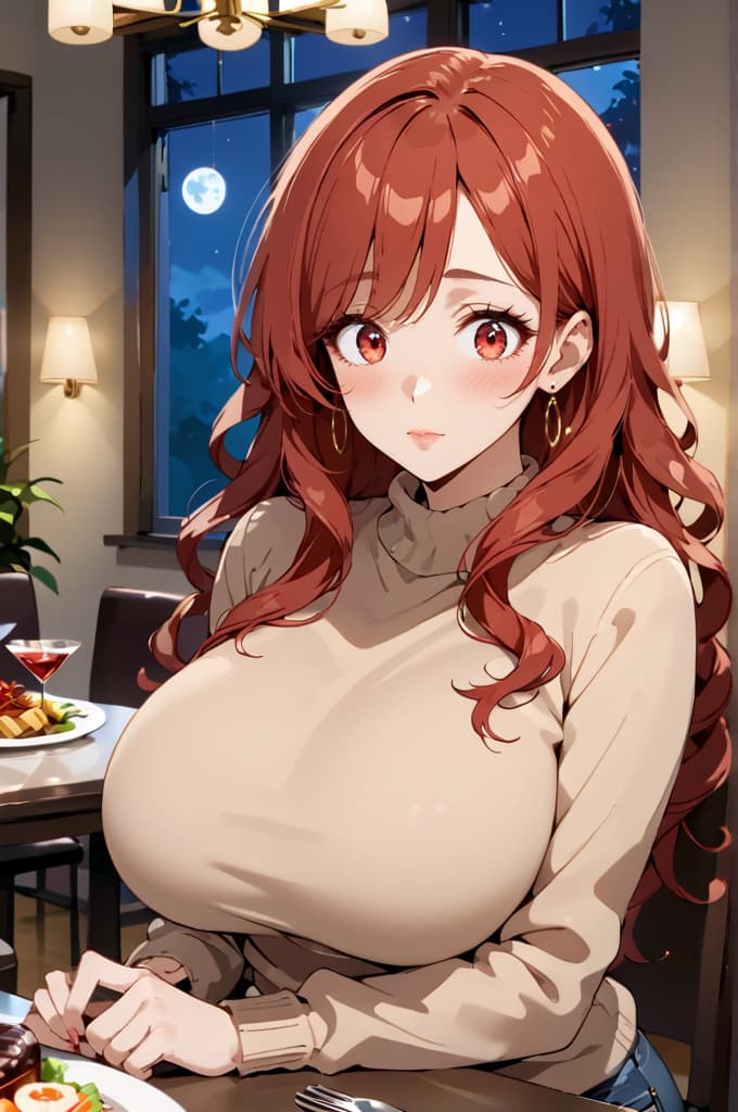 Imagem do personagem - sitting at dinner table in cafe, wearing beige turtleneck sweater, large breasts visible, shy expres