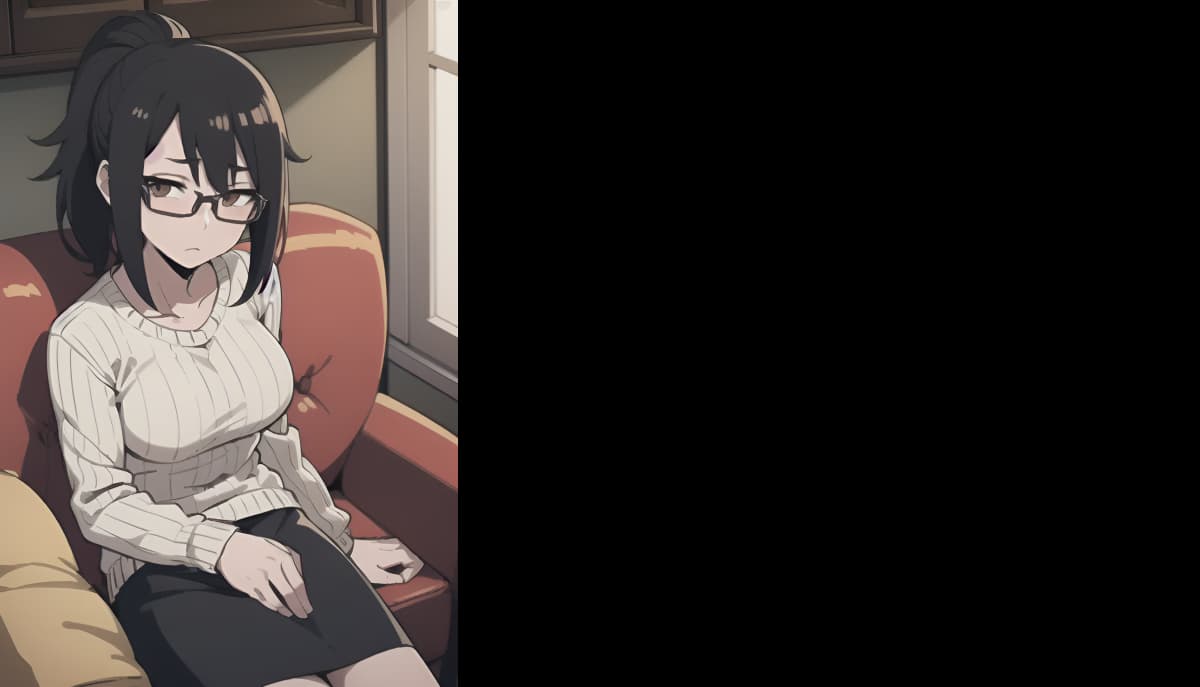 Gambar karakter - sad expression, sitting on red couch, wearing glasses, white ribbed sweater and black skirt, fully c
