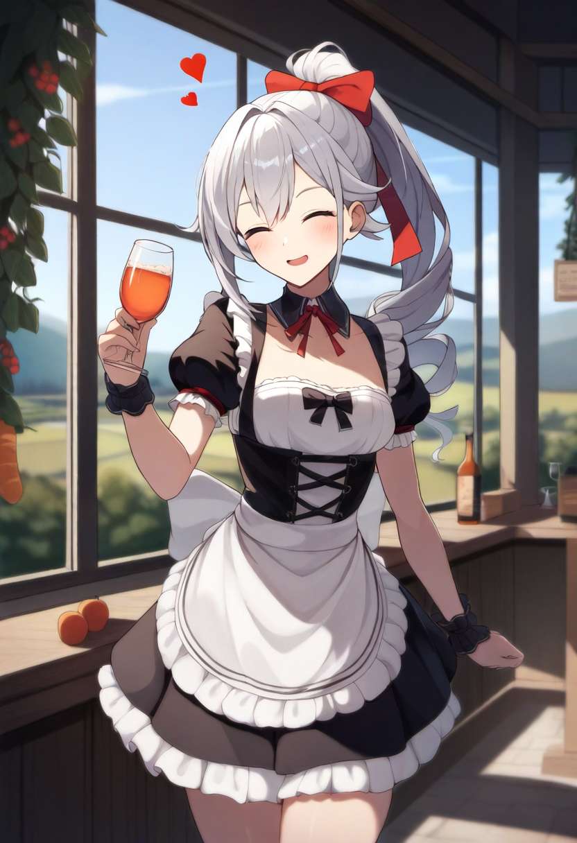 Immagine del personaggio - happy and playful in a maid outfit, holding a glass of orange drink, standing by a window with a cou