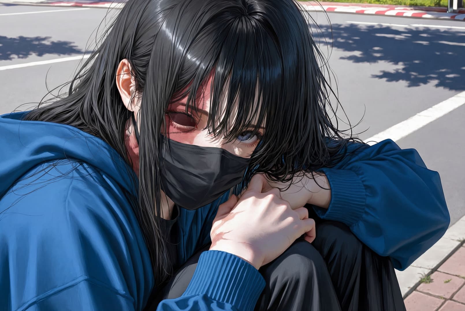 Gambar karakter - sad expression, sitting on pavement, wearing blue jacket and black mask, long black hair covering fa
