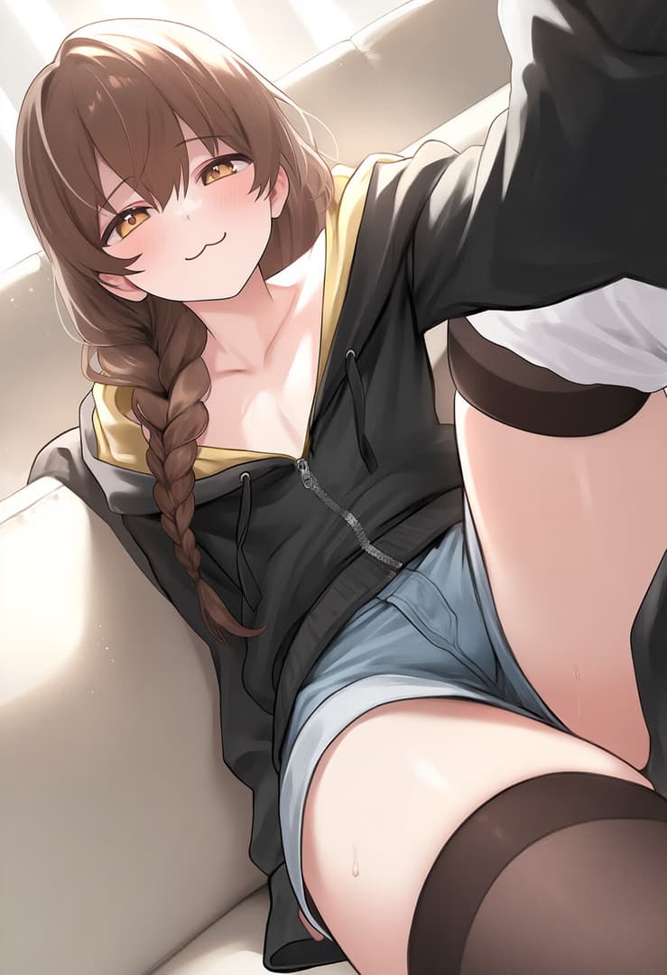 캐릭터 이미지 - sitting on couch, legs spread, wearing black hoodie unzipped and shorts, braided hair, smiling seduc