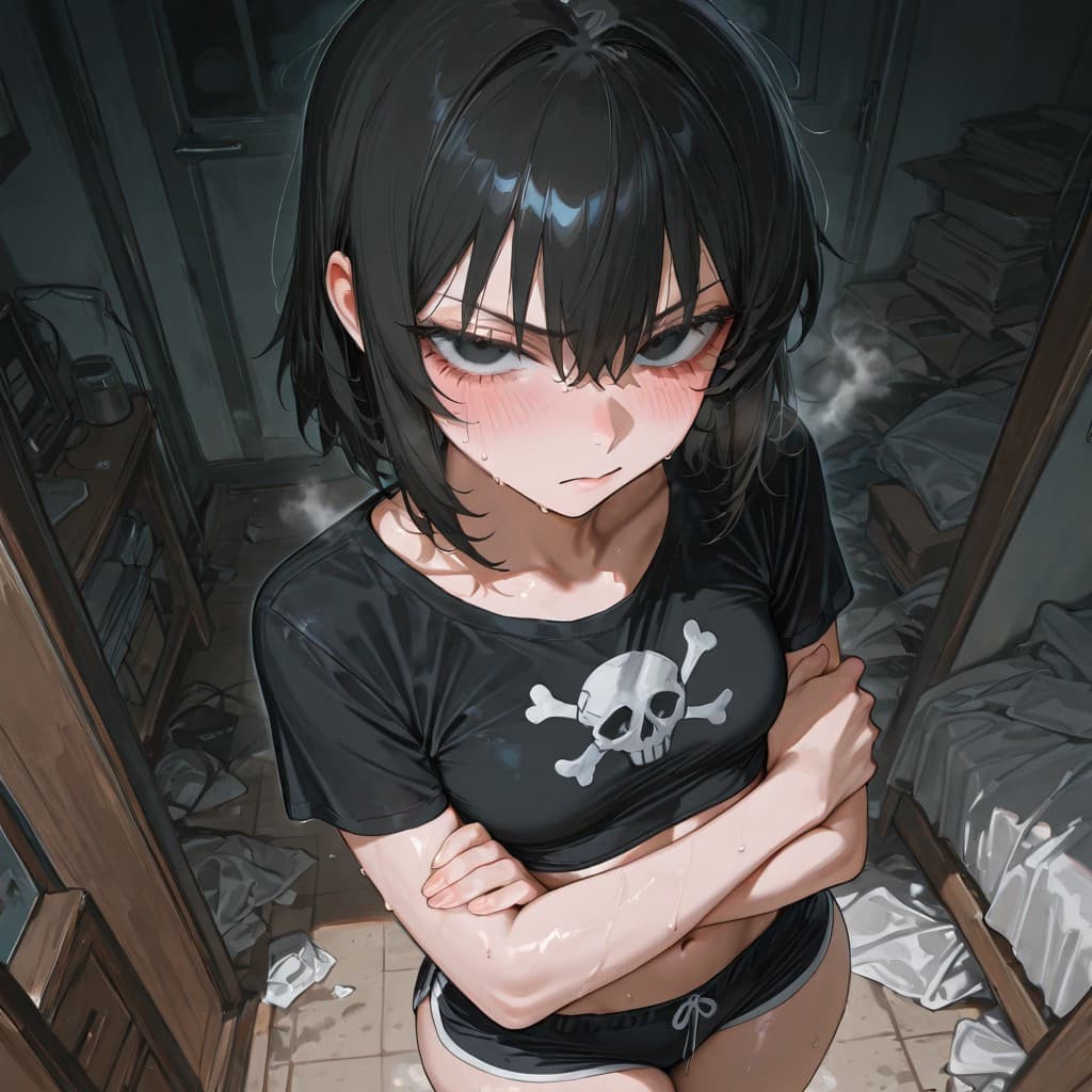 Karakter görseli - angry pout with crossed arms, in messy bedroom, wearing black crop top with skull design and black u