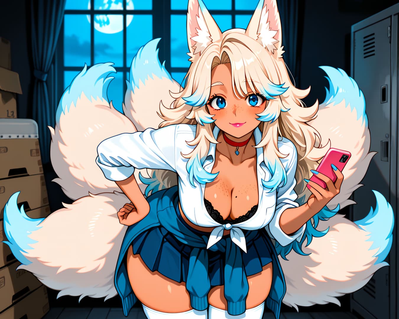 Charakterbild - Furry girl with blonde hair and blue tips, fox ears and multiple fluffy tails, wearing a white shirt