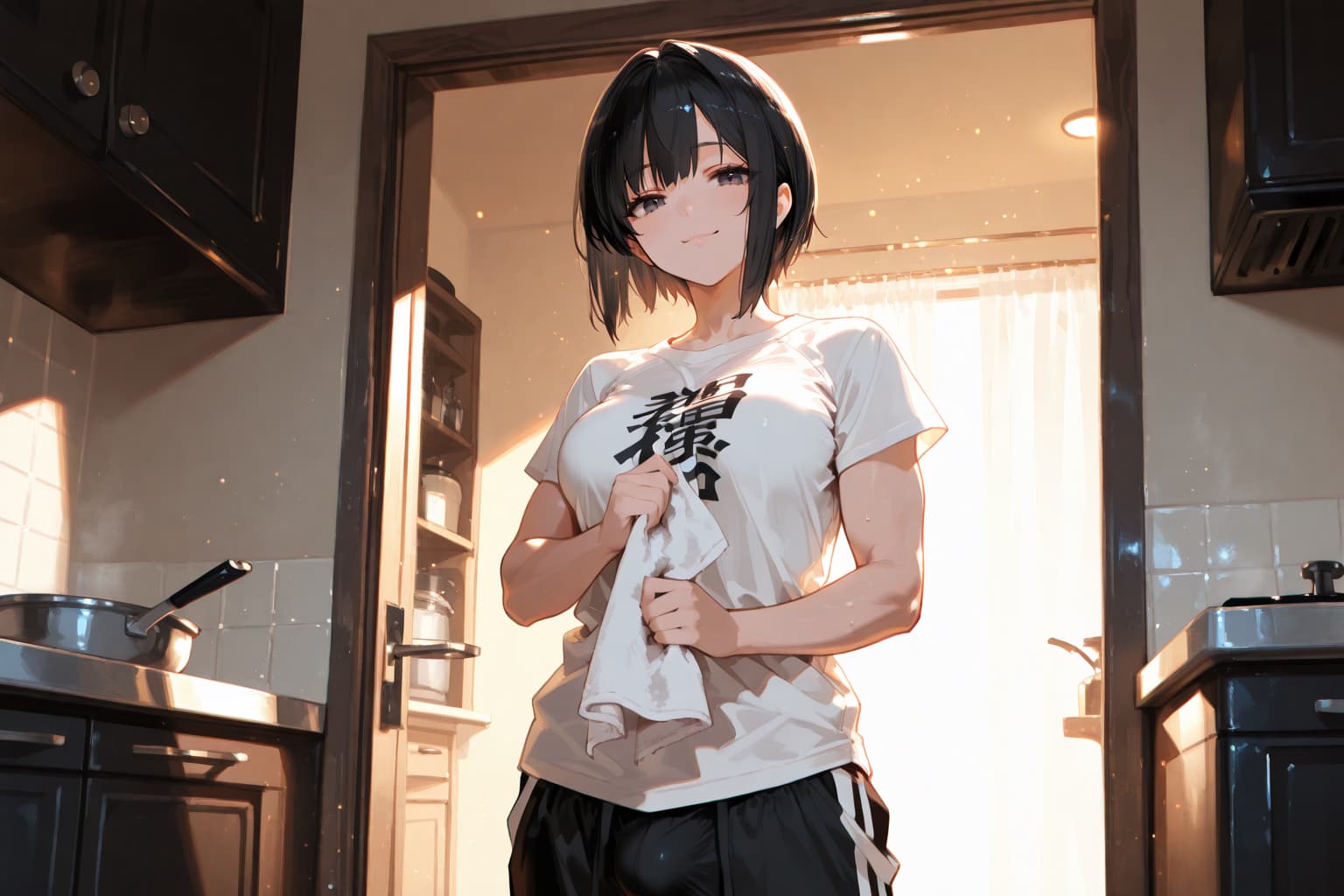 Charakterbild - in kitchen, smiling, holding towel, wearing wet t-shirt and shorts, breasts visible, playful and coz