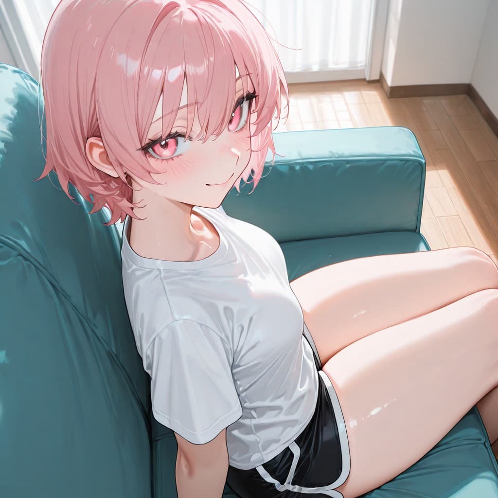 Karakter görseli - sitting on teal couch, pink hair, pink eyes, shy smile, wearing white t-shirt and black shorts, sunl