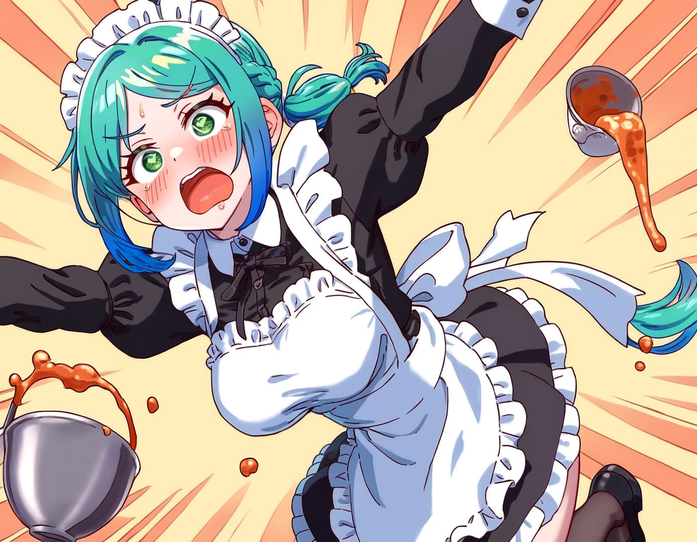 صورة الشخصية - maid outfit, blue hair, wide eyes, open mouth, falling, sauce splashing, dynamic pose, chaotic expre