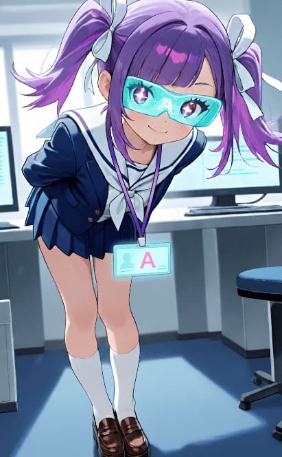 Immagine del personaggio - happy expression, standing in classroom, wearing school uniform with blue skirt and white socks, pur