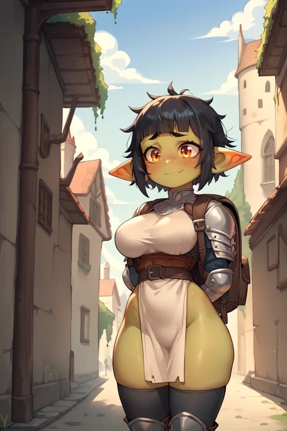 Imagen del personaje - elf girl in medieval town, smiling happily, wearing armor and apron, standing with hands behind back