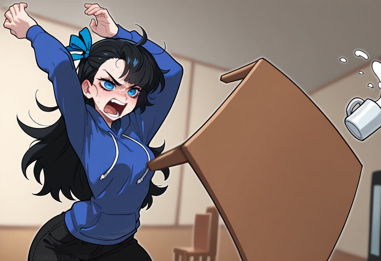 Karakter görseli - angry woman in blue hoodie, yelling with fists raised, knocking over a table and spilling a mug, int