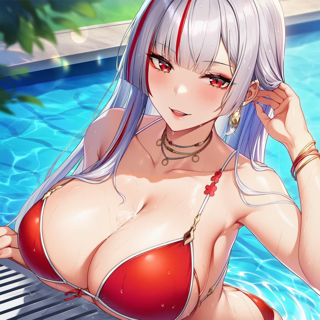 캐릭터 이미지 - in pool, wet silver hair with red streaks, red bikini, breasts exposed, water dripping, seductive ex