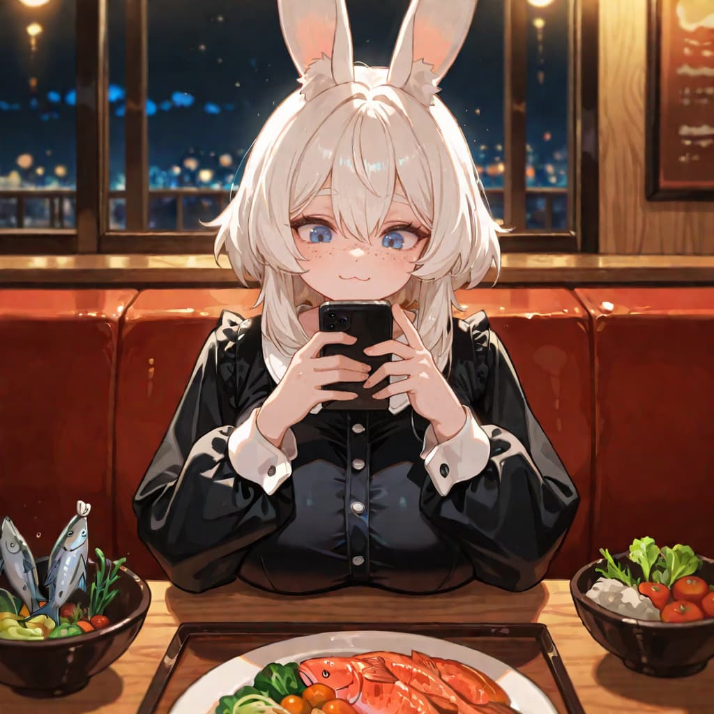 Charakterbild - sitting in a cozy restaurant booth at night, wearing a black dress with white cuffs and bunny ears,