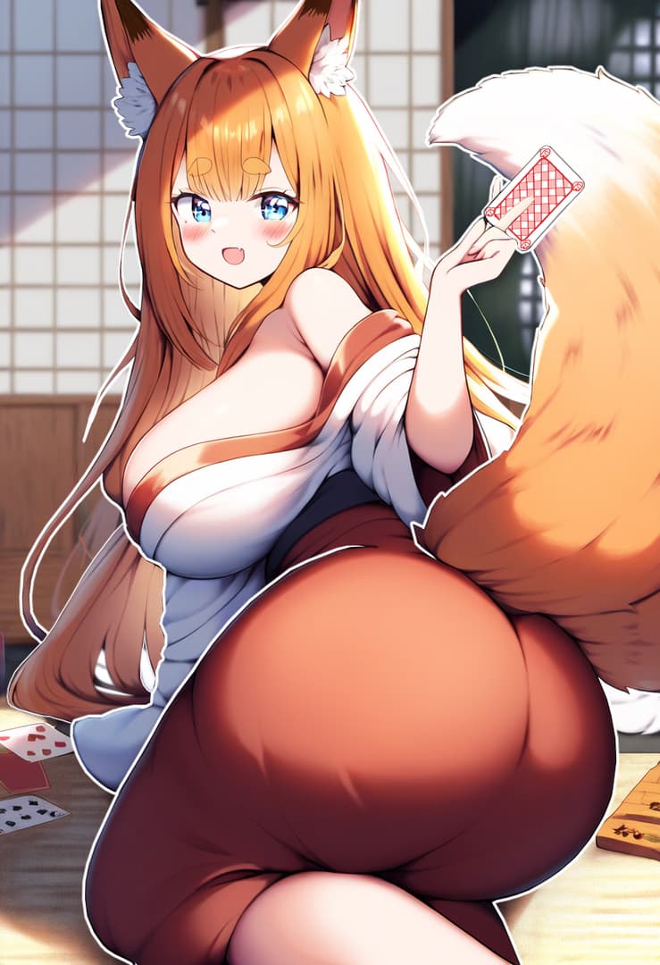 Charakterbild - fox girl with long orange hair and ears, wearing a white top and brown skirt, sitting with legs spre