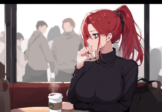 รูปภาพตัวละคร - sitting in cafe, thoughtful expression, red hair in ponytail, wearing black turtleneck, hand near mo