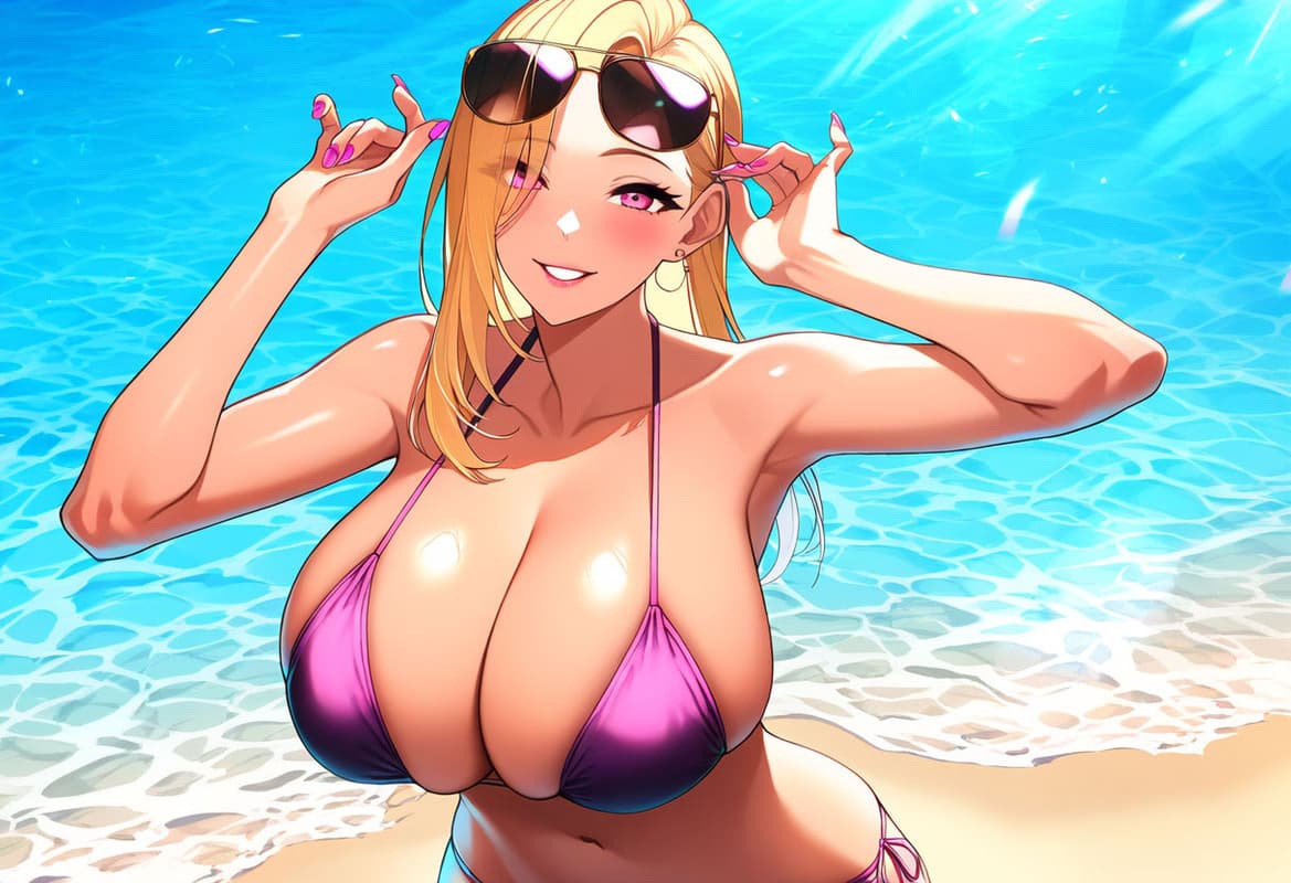 صورة الشخصية - at beach in purple bikini, happy and playful, breasts exposed, hands adjusting sunglasses, wet skin,