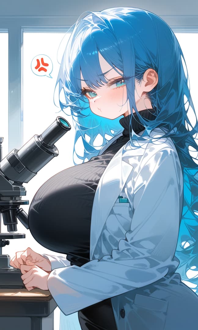 Charakterbild - blue-haired woman in lab coat, leaning over microscope, flushed face, angry expression, lab setting,