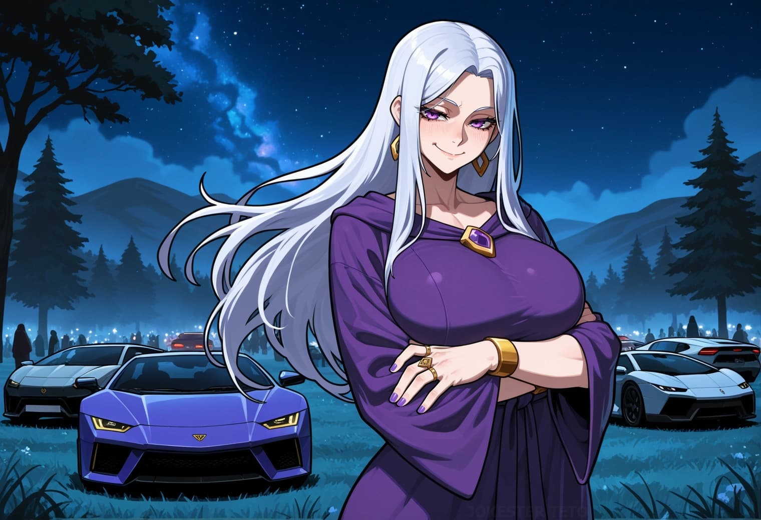 Charakterbild - confident smile, arms crossed, standing outdoors at night, wearing purple dress, long white hair, su