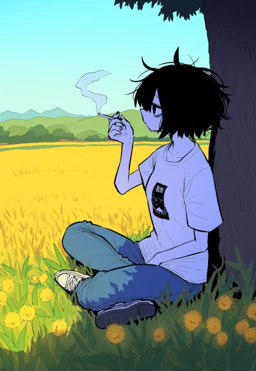 Obraz postaci - sitting in field, smoking cigarette, relaxed expression, wearing t-shirt and jeans, legs crossed, ou