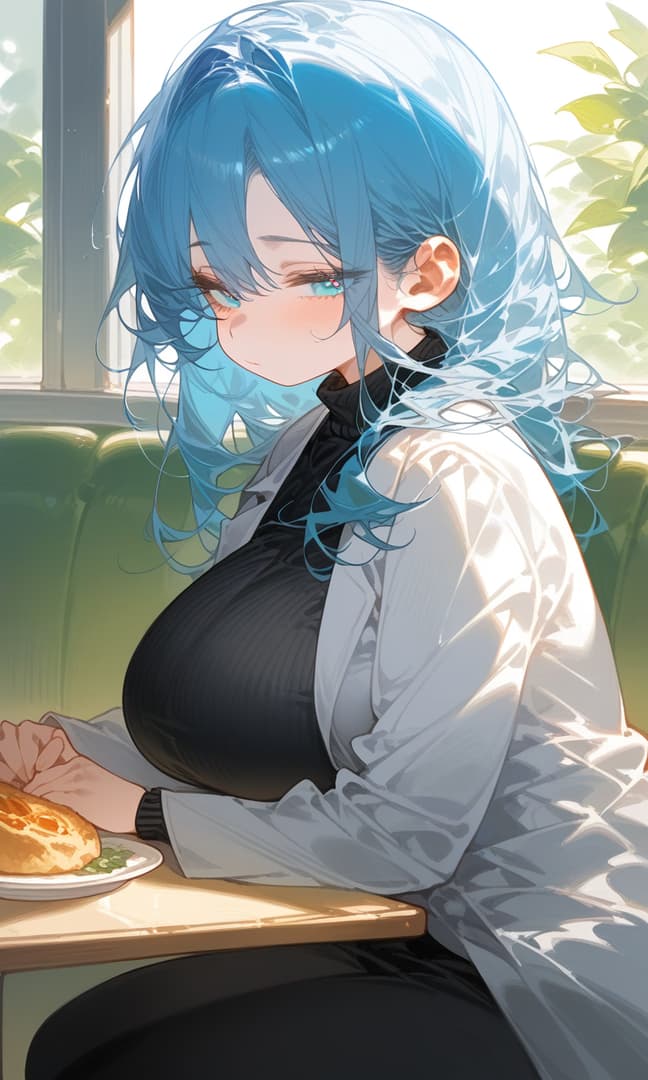 Charakterbild - sitting in cafe, shy expression, blue hair, wearing white shirt over black top, breasts visible, sof