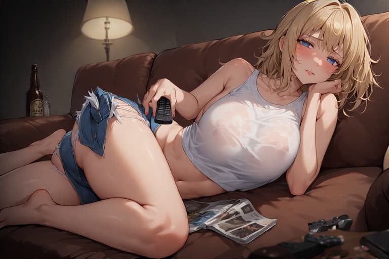 캐릭터 이미지 - lying on couch, legs spread, topless with wet white tank top, holding remote, blushing, seductive ex