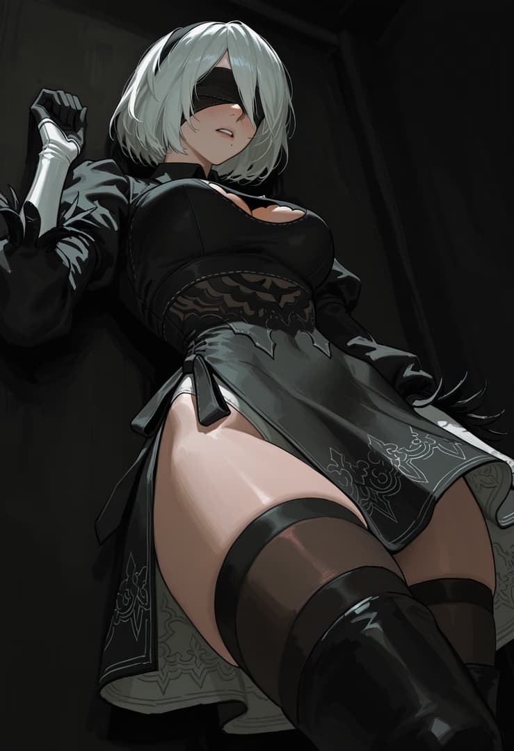 Immagine del personaggio - nude on dark background, legs spread wide, breasts exposed, seductive expression, looking down with