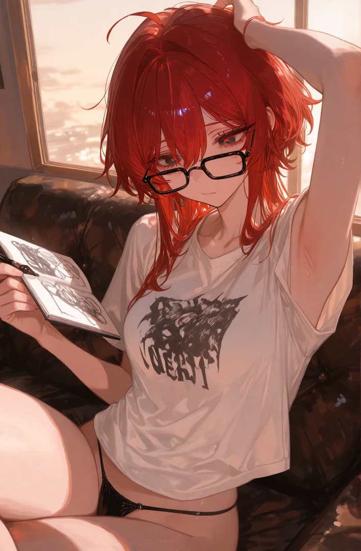 صورة الشخصية - sitting on couch, red hair, glasses, wearing white t-shirt and black underwear, legs spread, holding