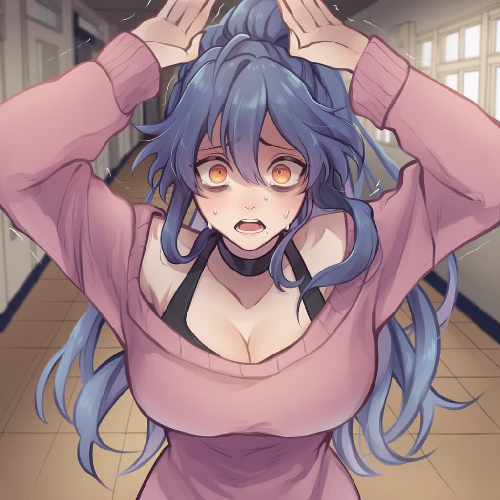 Imagem do personagem - panicked expression, hands on head, sweating, in hallway, wearing pink sweater pulled down to expose