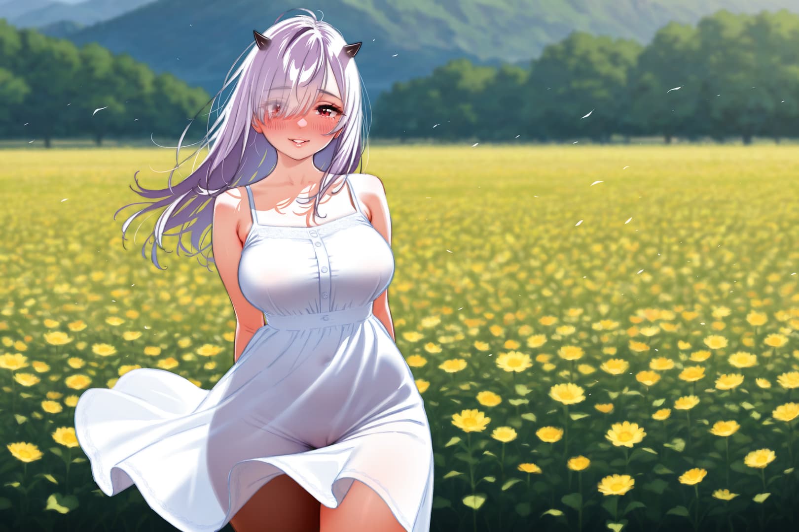 Immagine del personaggio - in a field of yellow flowers, sitting with legs spread, wearing a white dress that lifts to expose h