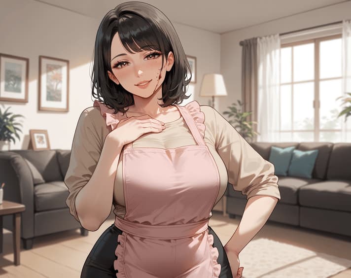 Immagine del personaggio - woman in pink apron over beige shirt, standing in living room, hand on chest, smiling seductively, b