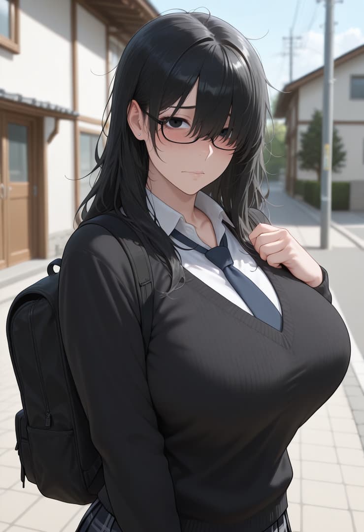 Immagine del personaggio - school uniform, black sweater, white shirt, tie, glasses, backpack, standing outdoors on sidewalk, c