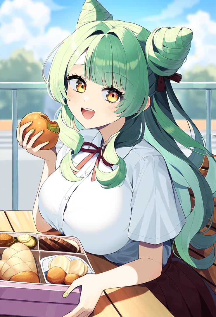 Charakterbild - happy expression, sitting outdoors at a table, holding a bento box with food, wearing a white shirt