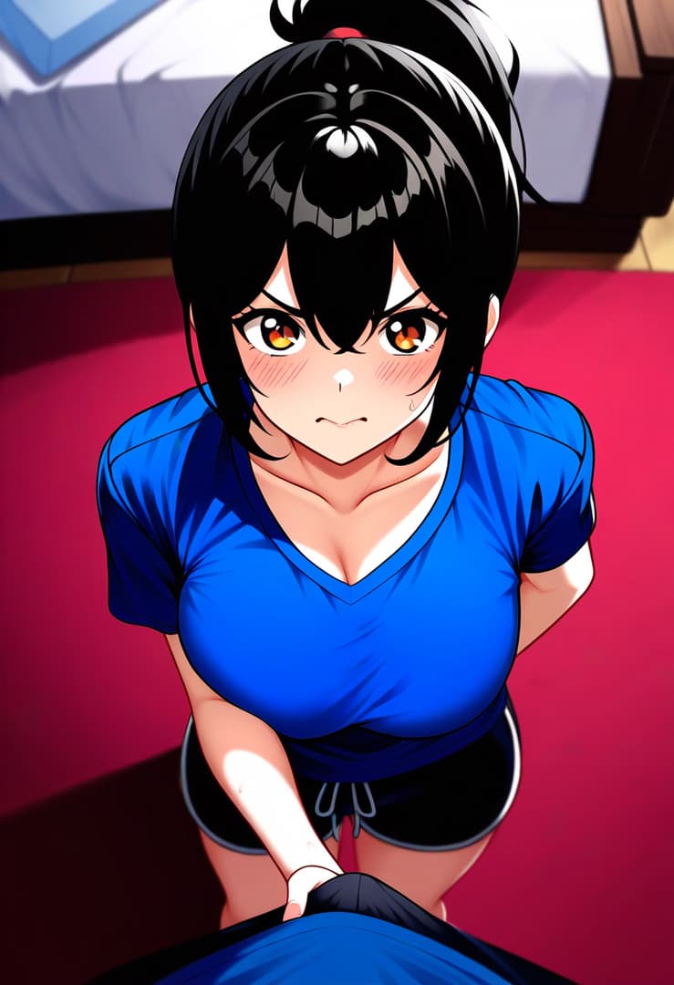 Karakter görseli - angry expression, kneeling on red carpet, wearing blue V-neck shirt and black shorts, shirt slightly