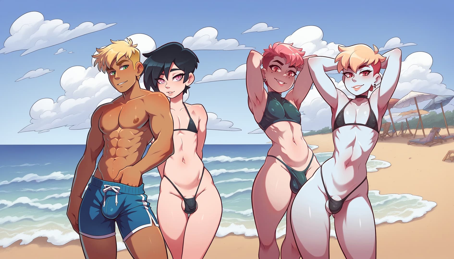 Immagine del personaggio - at beach in bikinis, happy and playful, muscular figures, legs spread, breasts and genitals visible,