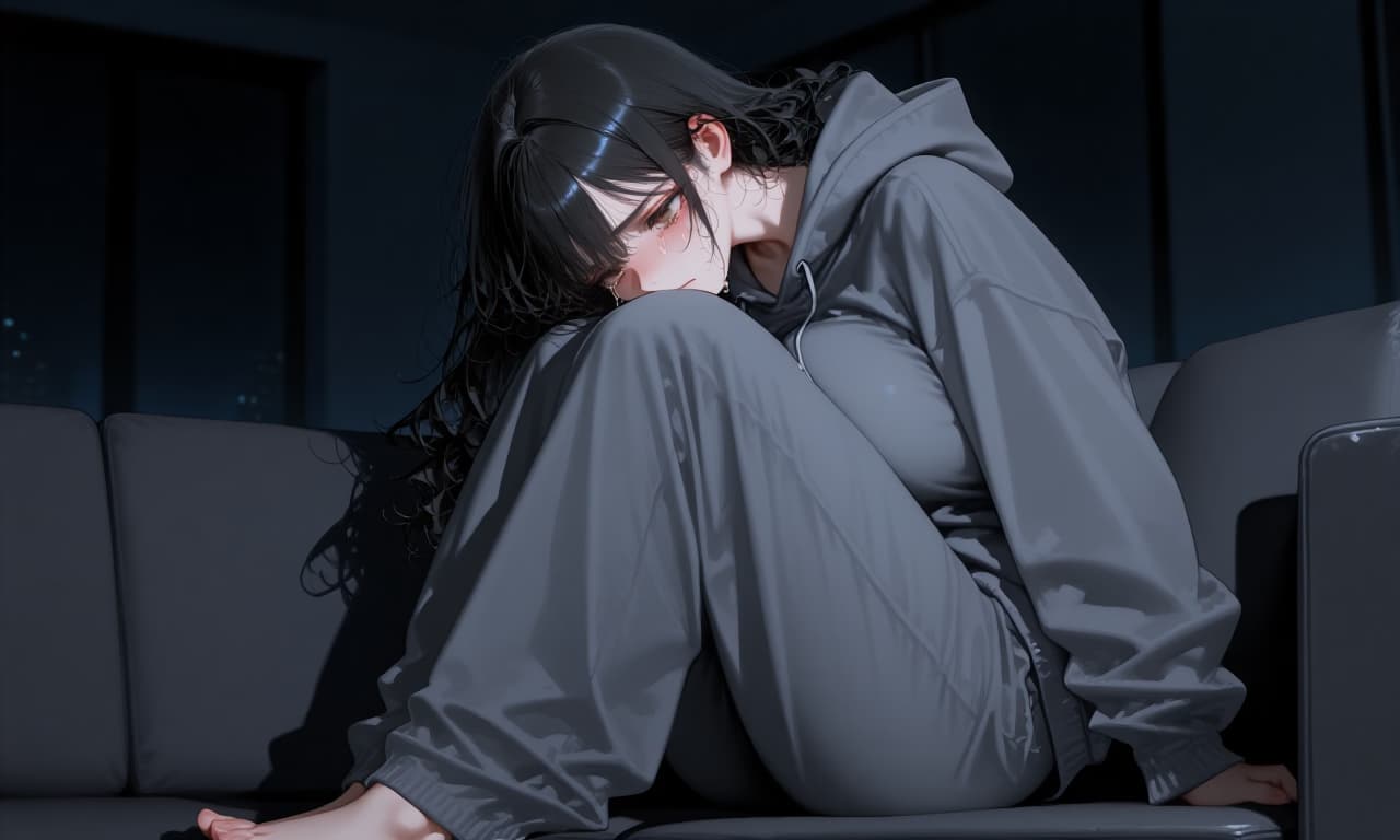 صورة الشخصية - sad expression, sitting on couch, hugging knees, wearing gray hoodie and sweatpants, crying, dark ro
