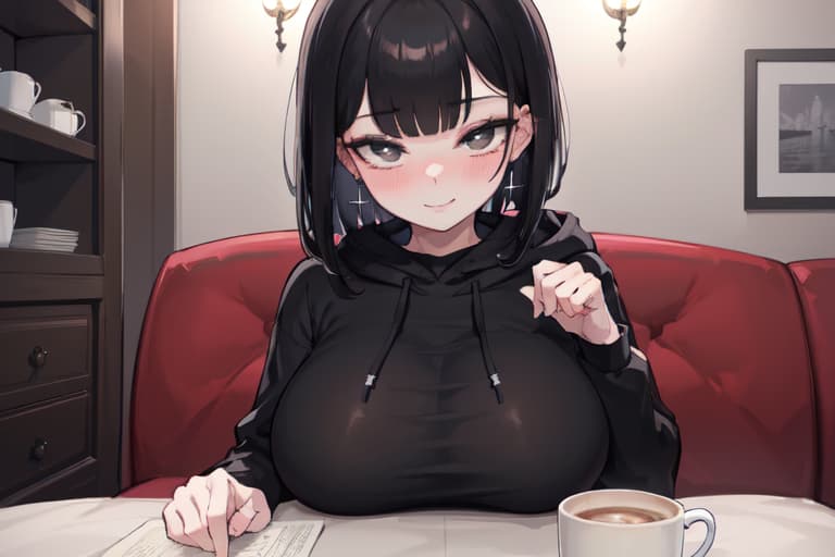 캐릭터 이미지 - sitting in a cafe, wearing a black hoodie, smiling shyly, breasts visible, cozy atmosphere