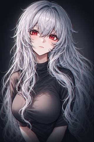 Karakter görseli - silver-haired anime girl with red eyes, wearing a tight black top, long wavy hair partially covering