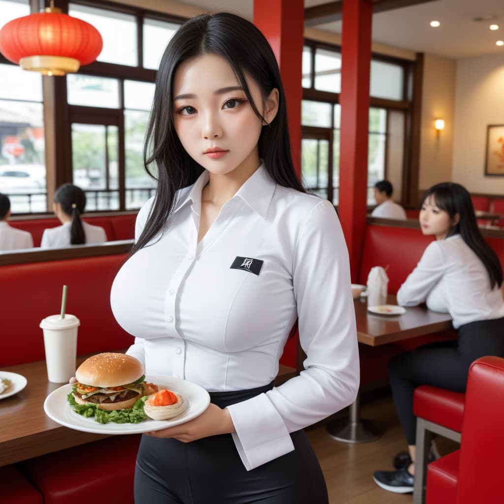Image du personnage - In a cafe, waitress in white uniform holding plate with burger and drink, confident expression, full